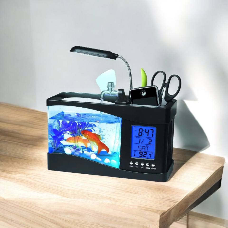 حوض أسماك زجاجي صغير USB مع مصباح LED بمؤقت LCD Mini Aquarium de poisson en verre