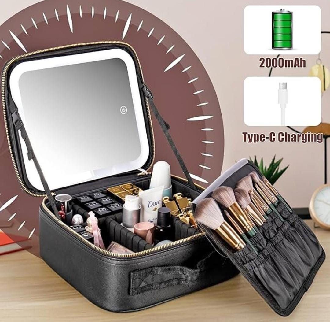 Boite Trousse de maquillage avec miroir LED , organisateur rangement de maquillage Sac Trousse de Toilette