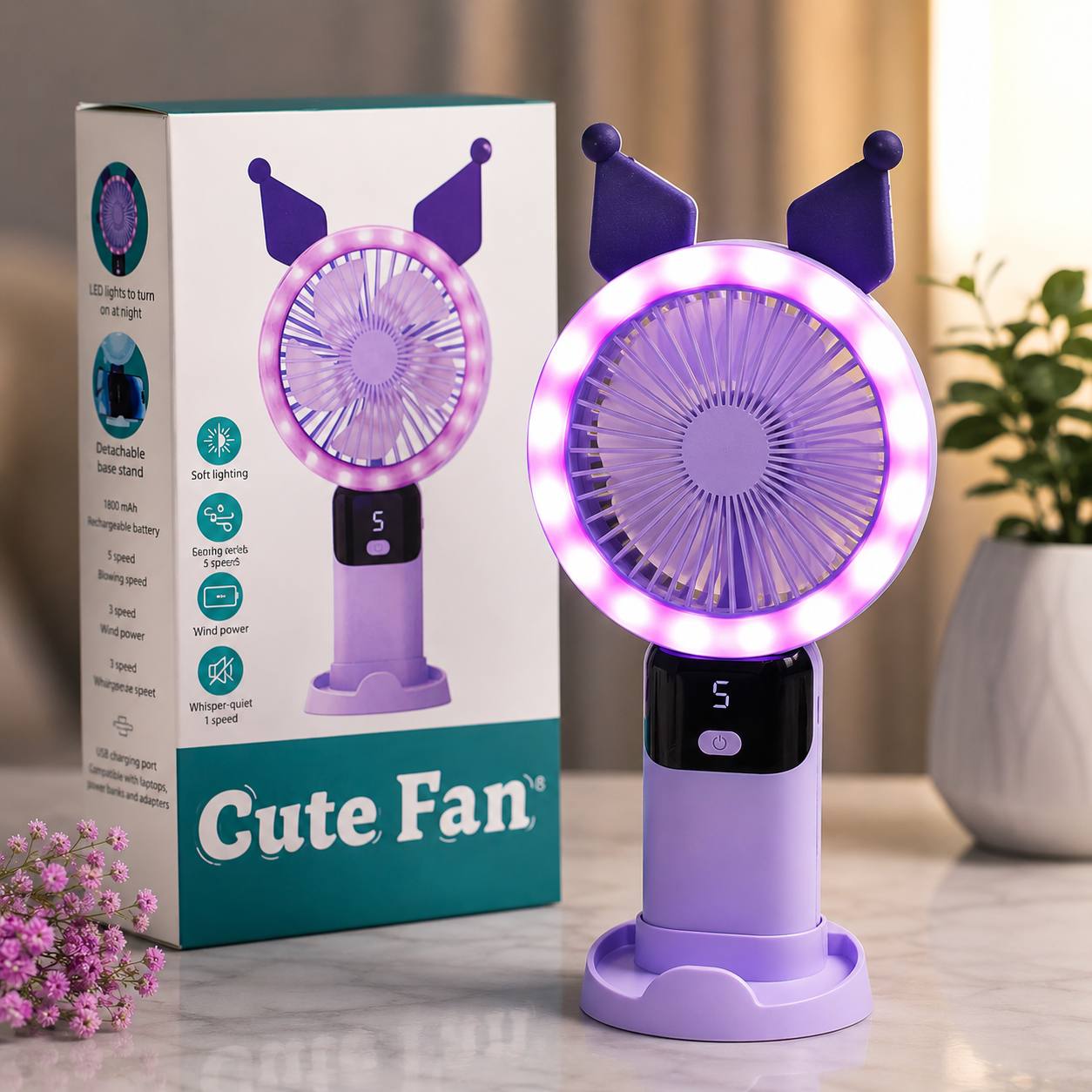 Ventilateur rechargeable avec affichage numérique et lumière, inspiré des dessins animés. مروحة تبريد رقمية قابلة لإعادة الشحن بتصميم كرتوني مع شاشة عرض وإضاءة
