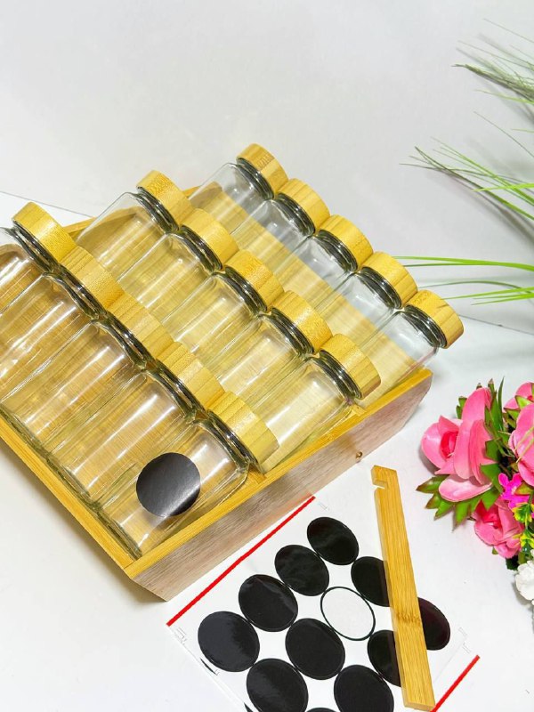 Boites à épices hermétique en verre avec support en bambou, Pots à épices 15 Pcs