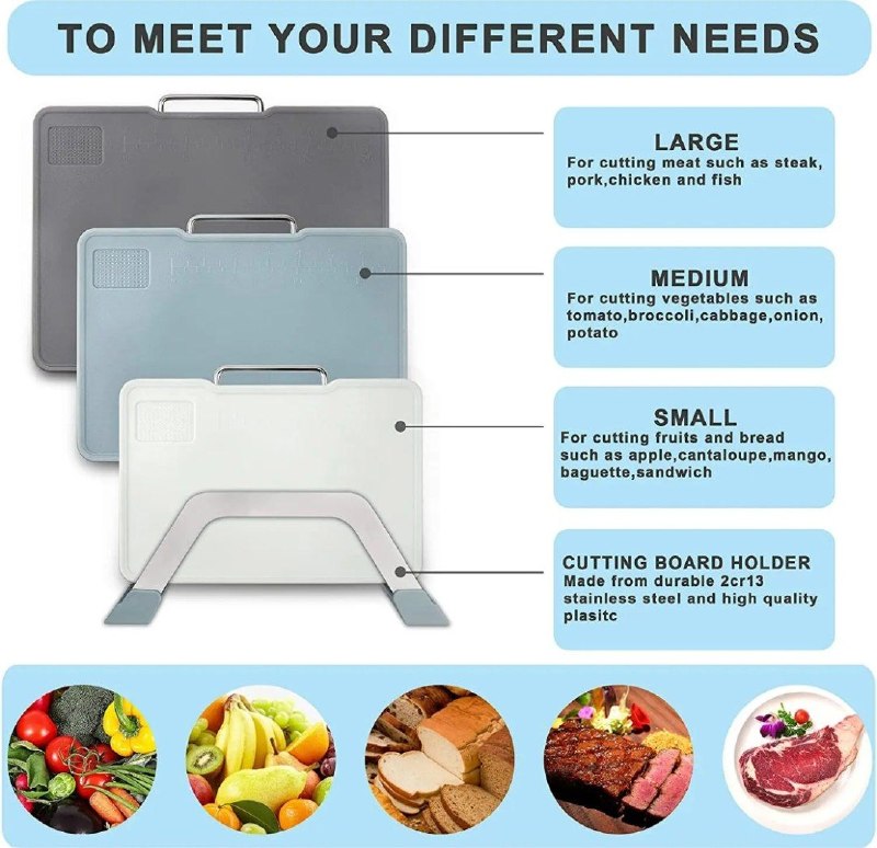 ألواح تقطيع بلاستيكية ء مجموعة 3 قطع مع حامل Ensemble de 3 assiettes en plastique avec support