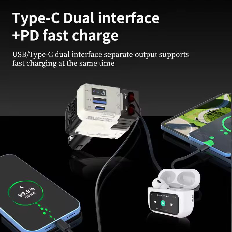 Chargeur de voiture rétractable 4en1, câble USB de type C, charge rapide, adaptateur allume-cigare pour iPhone Android 66w fast charge