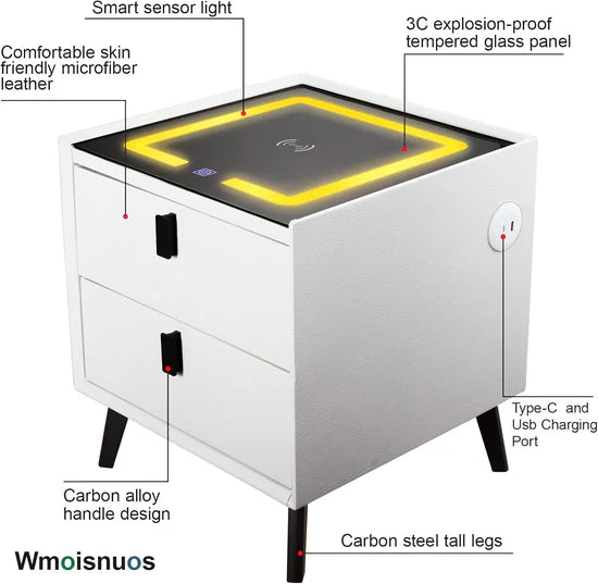طاولة جانبية ذكية مع محطة شحن لاسلكية وإضاءة ليد بثلاثة ألوان Table de chevet intelligente avec station de recharge sans fil et éclairage LED