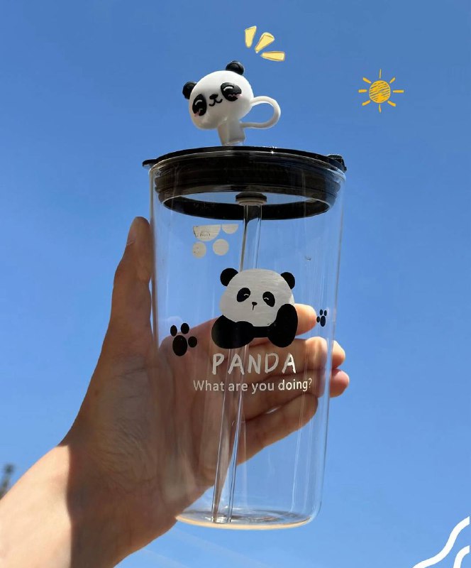 Verre transparent avec un couvercle et une paille réutilisable Panda كوب شفاف مع غطاء وقشة قابلة لإعادة الاستخدام