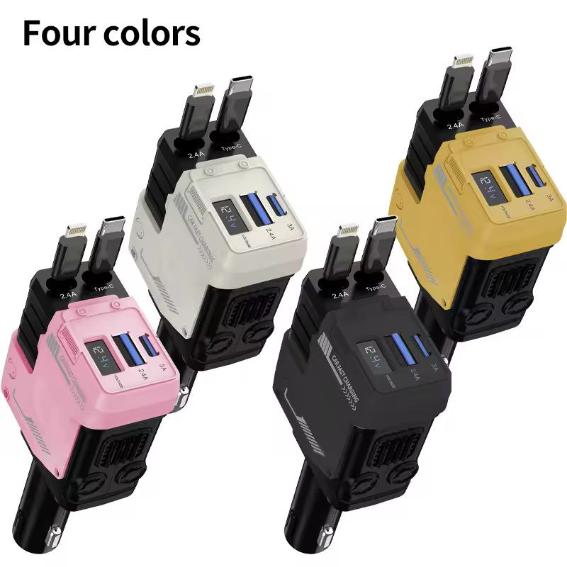 Chargeur de voiture rétractable 4en1, câble USB de type C, charge rapide, adaptateur allume-cigare pour iPhone Android 66w fast charge