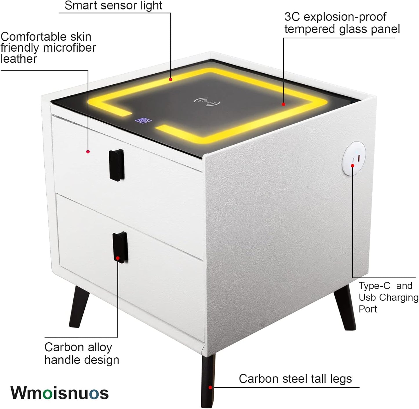 طاولة جانبية ذكية مع محطة شحن لاسلكية وإضاءة ليد بثلاثة ألوان Table de chevet intelligente avec station de recharge sans fil et éclairage LED