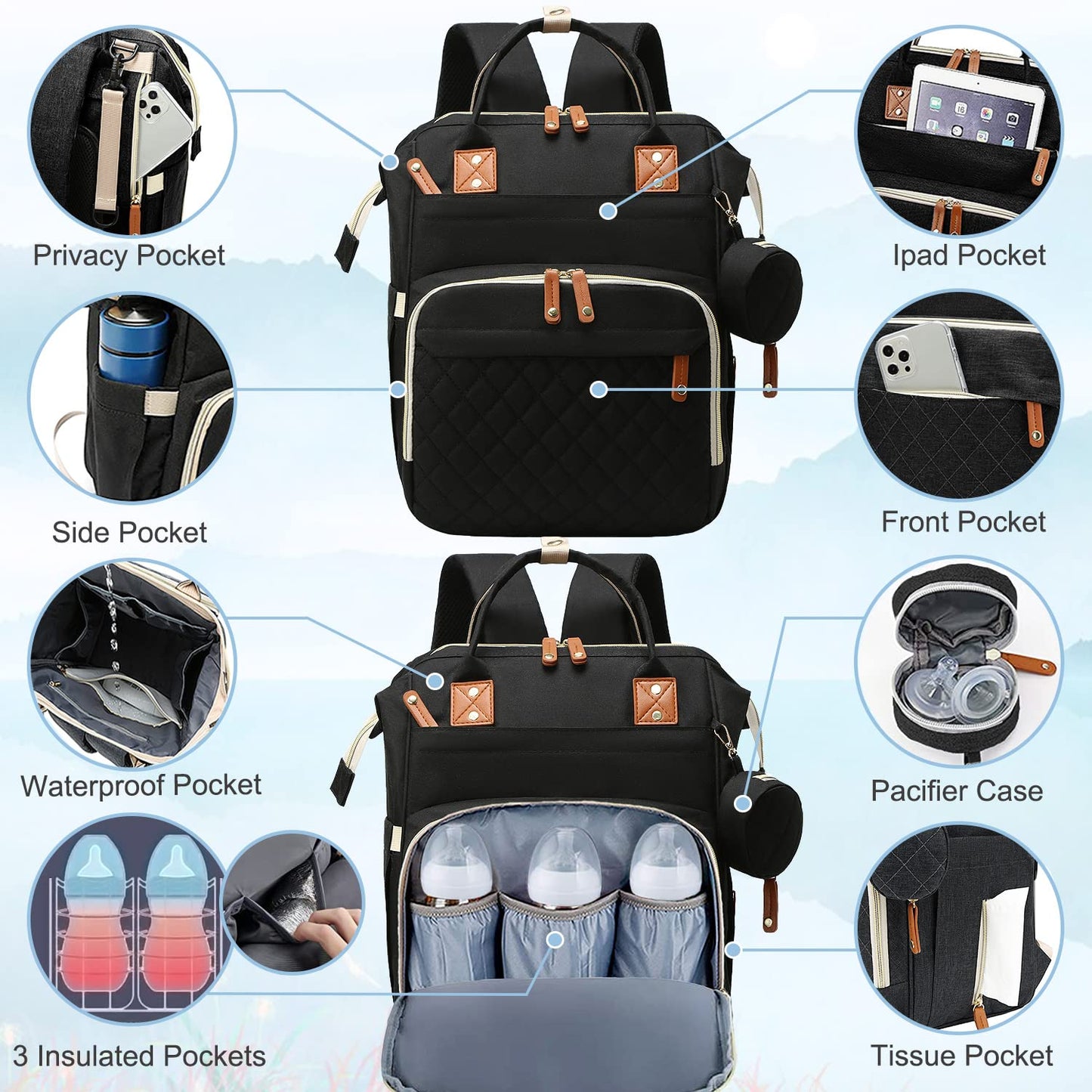 Sac à dos couche-culotte voyage pratique حقيبة ظهر حفاضات متعددة الاستخدامات