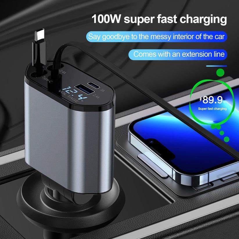 Chargeur de voiture rétractable 4en1 câble USB de type-C