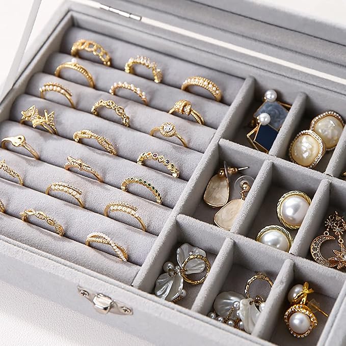 Boîte à Bijoux en Velours Gris avec Couvercle Transparent صندوق مجوهرات مخملي رمادي بغطاء شفاف