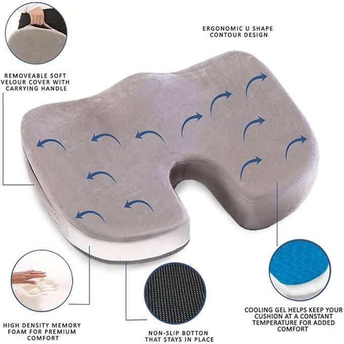 وسادة رمادية مريحة مصممة لدعم العمود الفقري coussin ergonomique gris conçu pour la colonne vertébrale