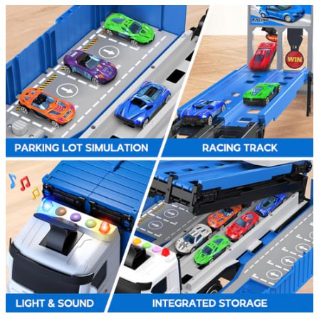 Transformateur de camion transporteur avec feux clignotants et piste de course شاحنة متحولة مع أضواء وامضة ومسار سباق يعمل بالبطارية مع 8 سيارات يتم التحكم فيها عن بعد