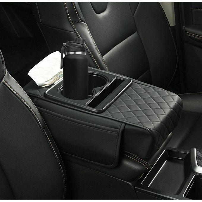 وسادة مسند ذراع السيارة الوسطى من الجلد الصناعي حامل هاتف مدمج وحاملات أكواب Coussin d’accoudoir central pour voiture en simili cuir