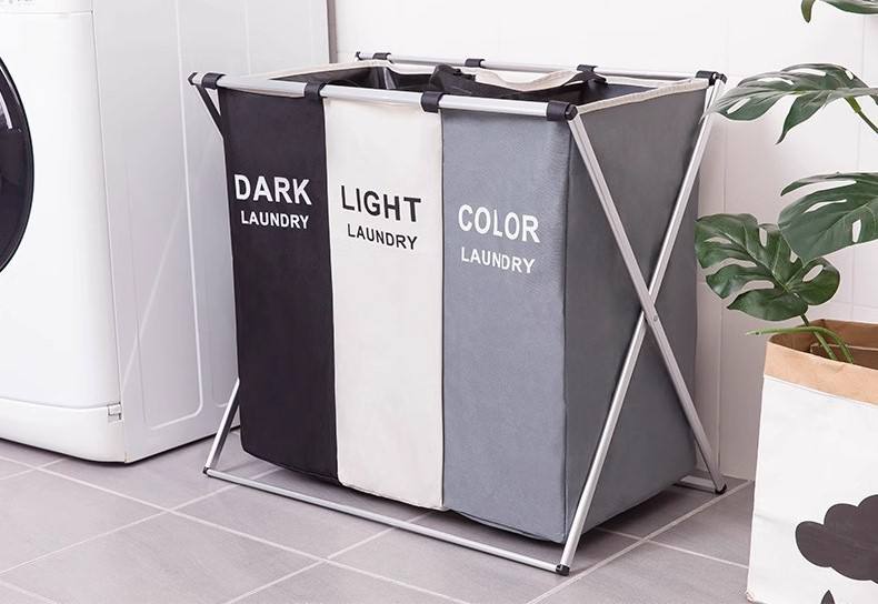 سلة الغسيل قابلة للطي وسهلة الاستعمال Panier à linge avec trois compartiments, pliable en forme de X, Organisateur linge