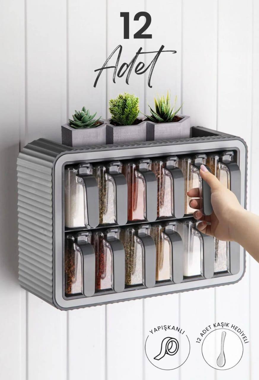 Ensemble de 12Pots à épices avec cuillère Rangement mural