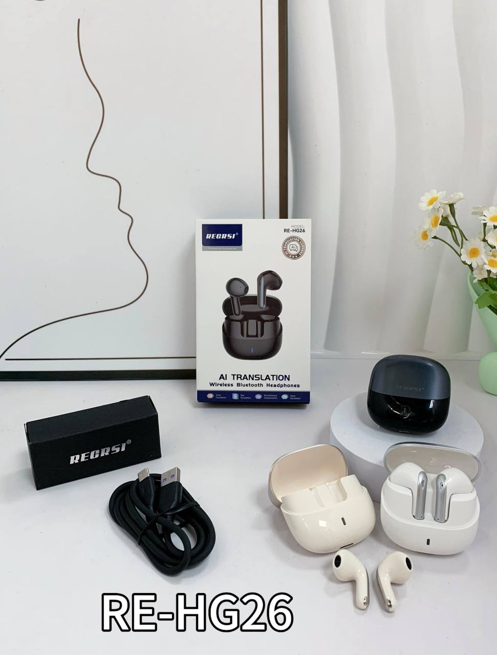 سماعات رأس لاسلكية بتقنية بلوتوث بوظيفة الترجمة بالذكاء الاصطناعي Ecouteurs Bluetooth sans fil RE-HG26 avec fonctionnalité de traduction IA