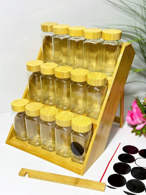 Boites à épices hermétique en verre avec support en bambou, Pots à épices 15 Pcs