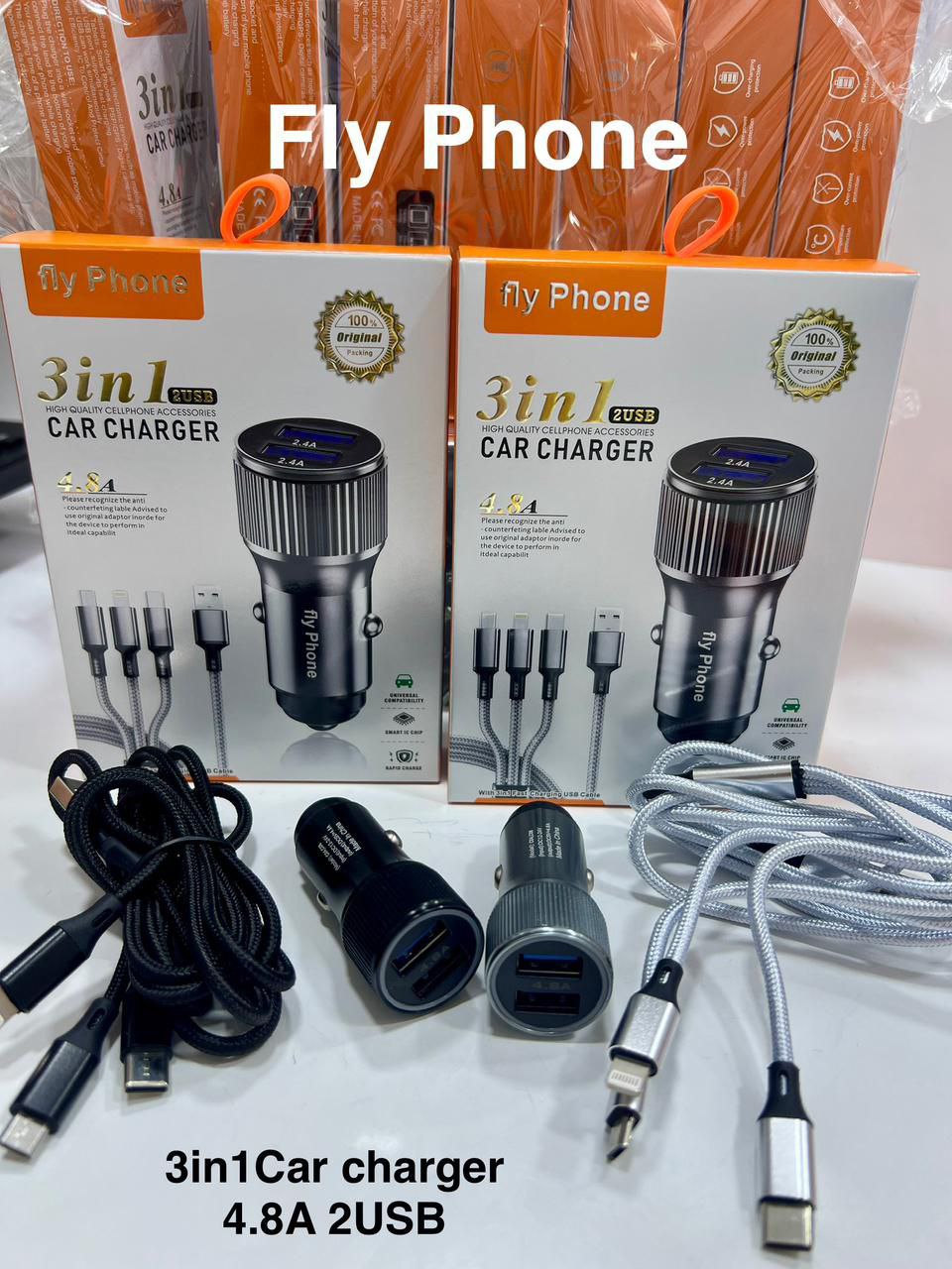 Chargeur allume cigare voiture avec cabLe de charge 3in1 4.8A 2USB