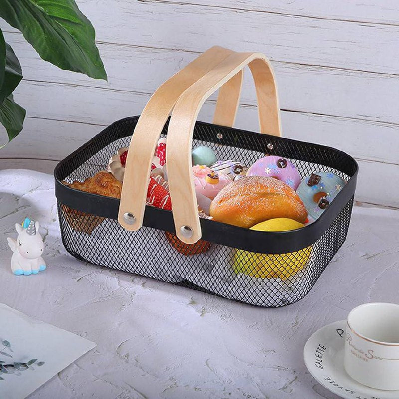 Panier de rangement multifonctionnel en maille métallique سلة تخزين شبكية معدنية متعددة الوظائف بمقابض خشبية