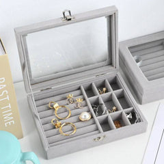Boîte à Bijoux en Velours Gris avec Couvercle Transparent صندوق مجوهرات مخملي رمادي بغطاء شفاف