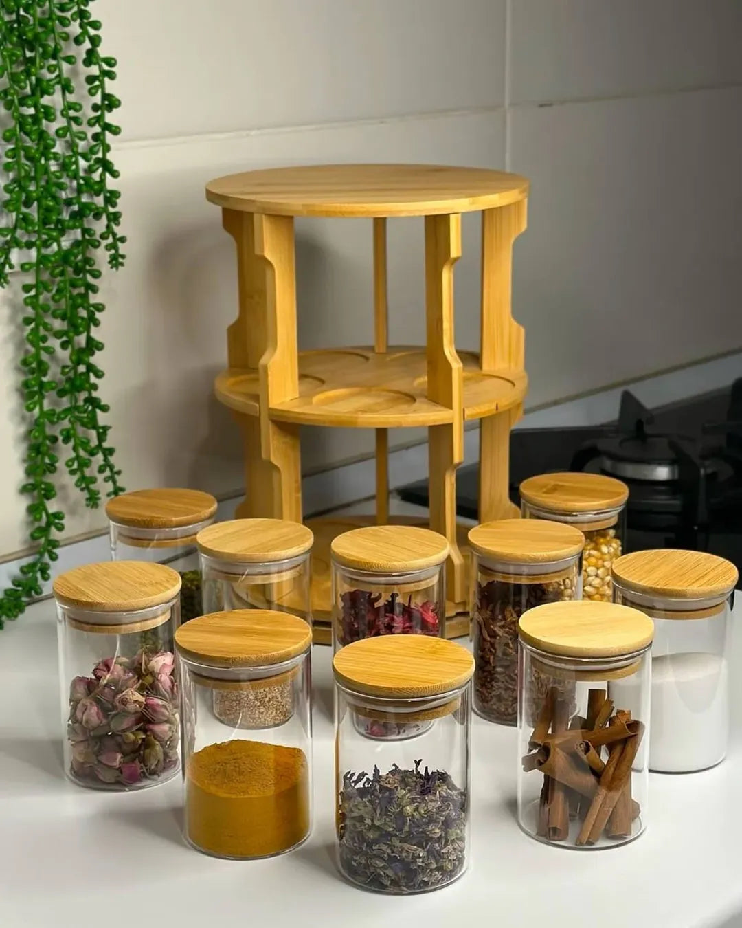 Étagère à Épices Rotative 360° en Bois et 10 Bocaux رف توابل خشبي دوار 360 درجة مع 10 برطمانات