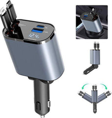شاحن سريع للهاتف Adaptateur allume-cigare de voiture 4 en 1 charge rapide chargeur de téléphone de voiture avec câble rétractable 100W multi-ports