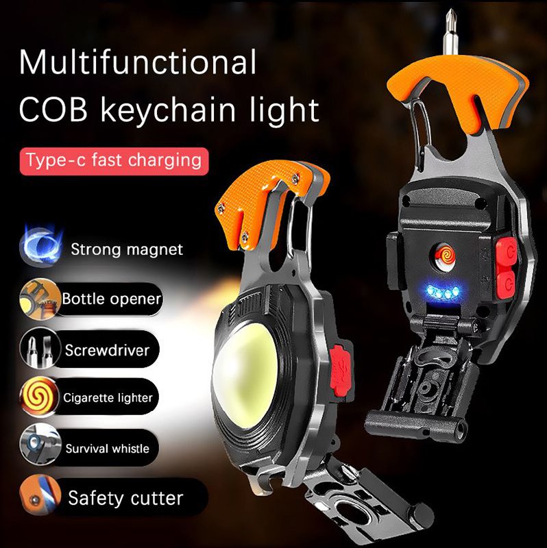 Multifunctional COB keychain light Mini lampe de poche كشاف LED صغير، قابل لإعادة الشحن، مع فتاحة زجاجات، للتخييم والإصلاح، ولاعة سجائر