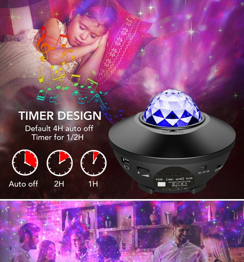 جهاز عرض ليلي مزود بإضاءة على شكل نجمة مصباح موسيقى Projector night light star lampe de musique romantique LED 3en1 avec télécommande minuterie haut-parleur
