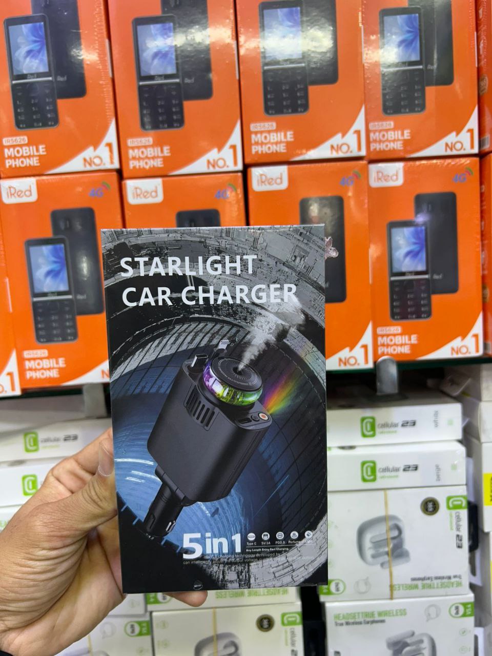 Chargeur de Voiture 5-en-1 Starlight Rétractable Diffuseur d’Arôme Intégré