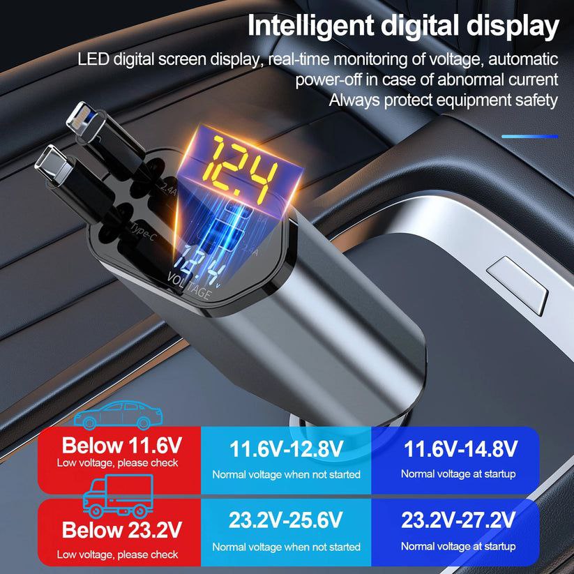 Chargeur de voiture rétractable 4en1 câble USB de type-C