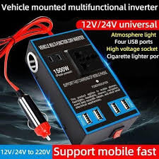 Convertisseur de tension de voiture 1500W 4ports USB, Onduleur de Puissance pour Voiture