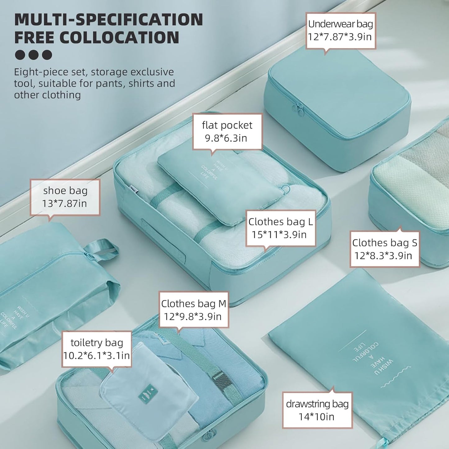 8 قطع من مكعبات التعبئة للحقائب، حقيبة تخزين أمتعة محمولة 8 PCS Cubes d'emballage for valises Sac de rangement de bagages