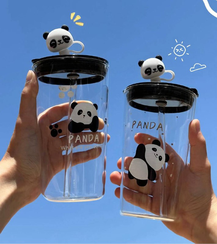 Verre transparent avec un couvercle et une paille réutilisable Panda كوب شفاف مع غطاء وقشة قابلة لإعادة الاستخدام
