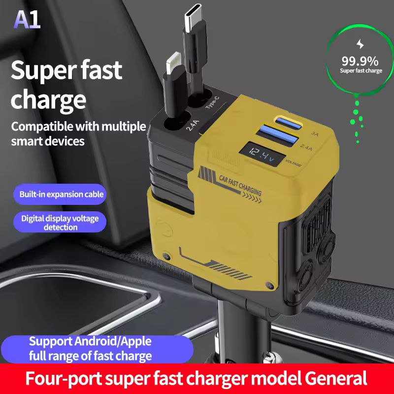 Chargeur de voiture rétractable 4en1, câble USB de type C, charge rapide, adaptateur allume-cigare pour iPhone Android 66w fast charge