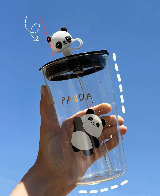 Verre transparent avec un couvercle et une paille réutilisable Panda كوب شفاف مع غطاء وقشة قابلة لإعادة الاستخدام