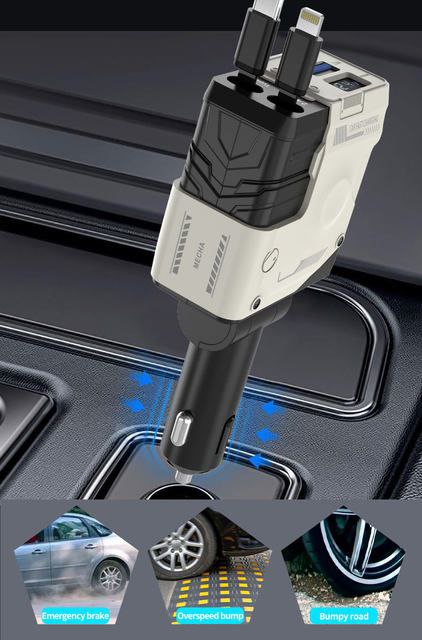 Chargeur de voiture rétractable 4en1, câble USB de type C, charge rapide, adaptateur allume-cigare pour iPhone Android 66w fast charge