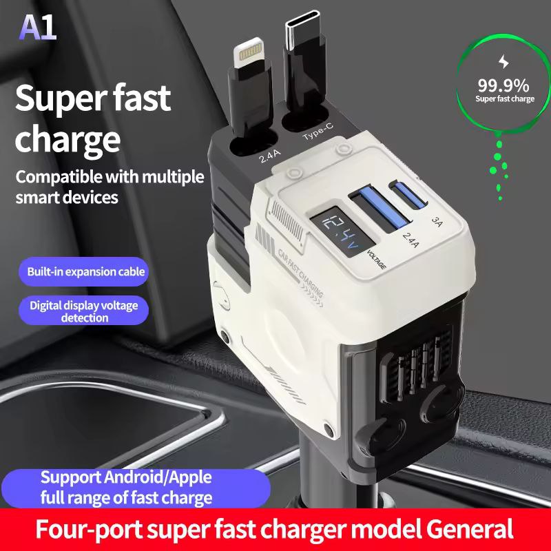 Chargeur de voiture rétractable 4en1, câble USB de type C, charge rapide, adaptateur allume-cigare pour iPhone Android 66w fast charge