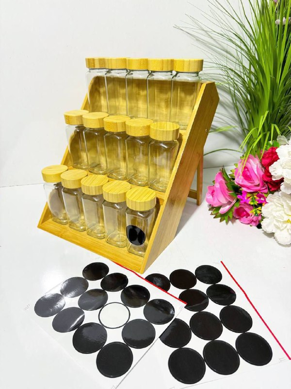 Boites à épices hermétique en verre avec support en bambou, Pots à épices 15 Pcs