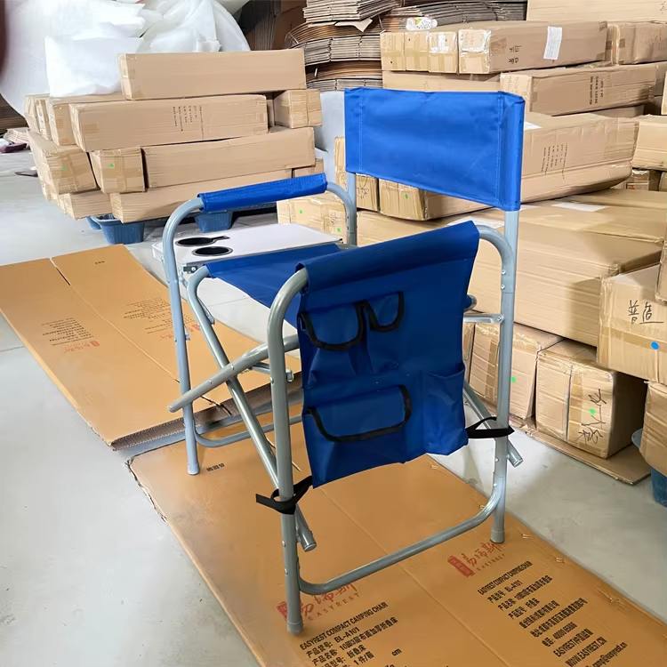 Chaise De Jardin Pliable Bleu Et Métal Gris Acini كرسي مخرج خارجي مع حامل للكوب وجيب جانبي للظهر