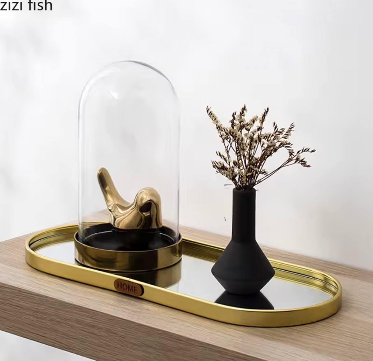 صينية مزخرفة بمرآة من المعدن الذهبي اللون 40×12×1.5 سم Plateau miroir décoratif en métal doré