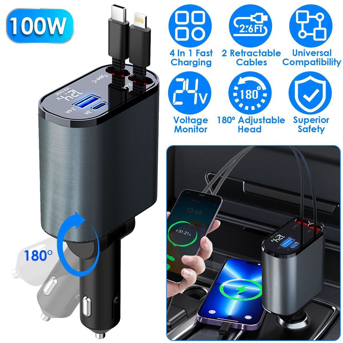 Chargeur de voiture rétractable 4en1 câble USB de type-C