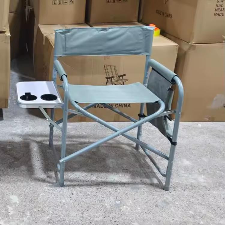 Chaise De Jardin Pliable Bleu Et Métal Gris Acini كرسي مخرج خارجي مع حامل للكوب وجيب جانبي للظهر