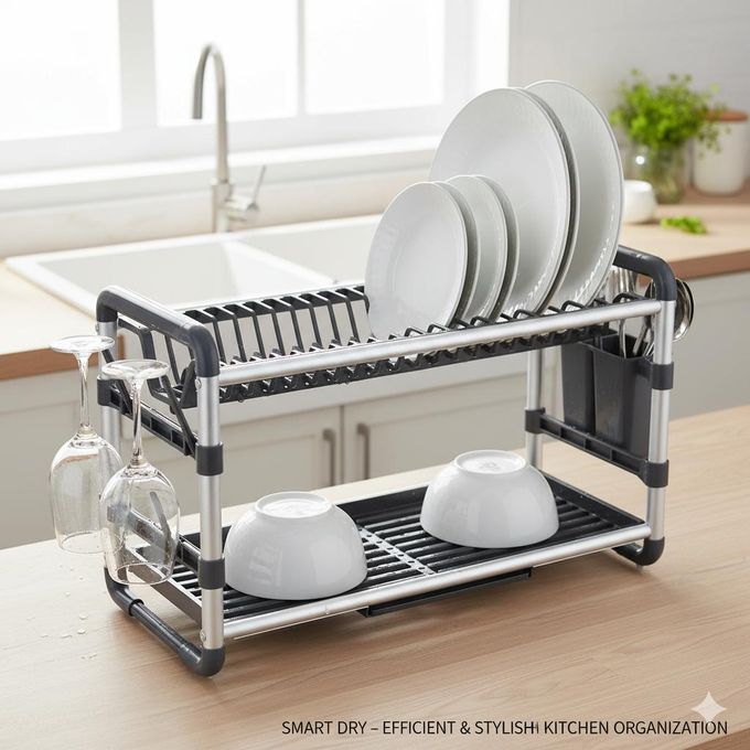 رف تجفيف أطباق من الألومنيوم مع رفّين للأواني Égouttoir À Vaisselle En Aluminium Avec 2 Étagères