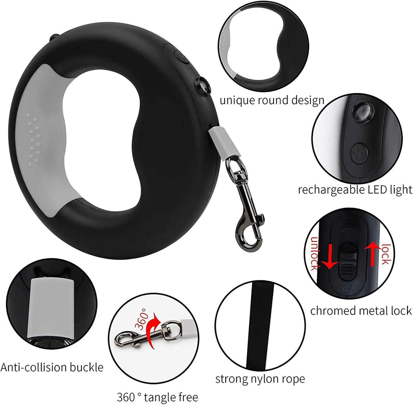 مقود كلاب قابل للسحب مزود بإضاءة LED قابلة لإعادة الشحن Laisse à chien rétractable avec lumière LED rechargeable