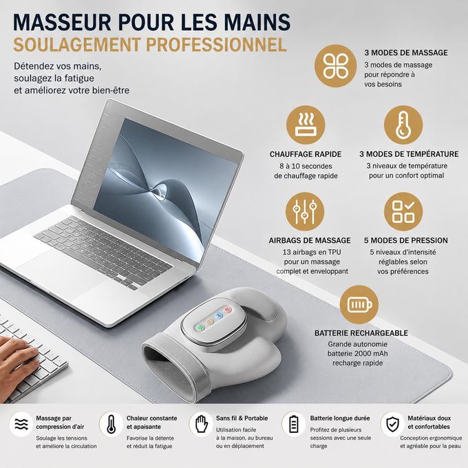 جهاز تدليك كهربائي لليد مع خاصية التسخين والضغط Masseur de Main Électrique avec Chaleur et Compression