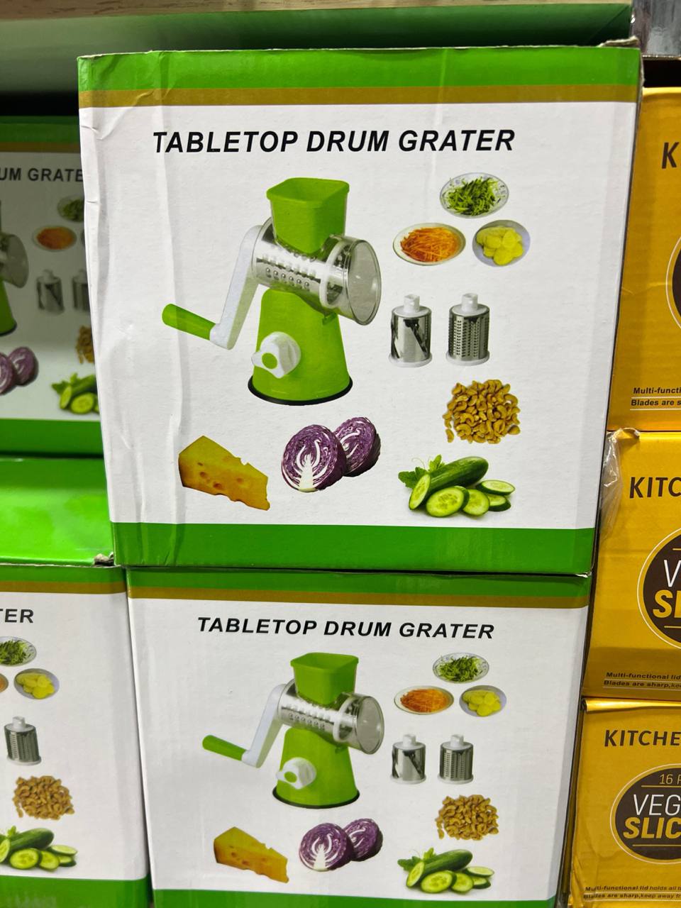 Râpe à fromage à tambour manuelle pour table مبشرة جبن يدوية دوارة بثلاث شفرات أسطوانية من الفولاذ المقاوم للصدأ قطاعة دوارة محمولة