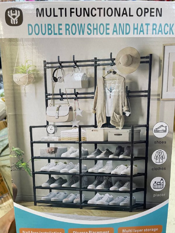 منظم الاحذية 5 طبقات x2مع علاقة الملابس Multifunctional Open double row shoe and hat rack