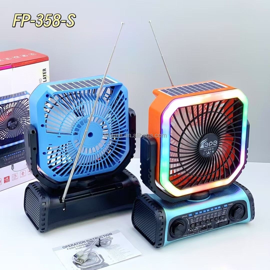 Solar Powered Camping Fan FP-358-S Ventilateur de camping multifonctionnelle portable مروحة تخييم محمولة متعددة الوظائف مزودة بمكبر صوت لاسلكي بتقنية البلوتوث ومصباح LED