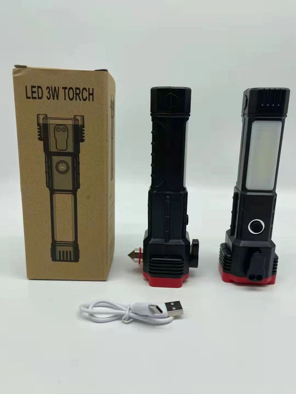 مصباح يدوي LED 3W Torch Lampe torche LED 3W Rechargeable Avec Marteau Coupe-Vitre et Coupe-Ceinture