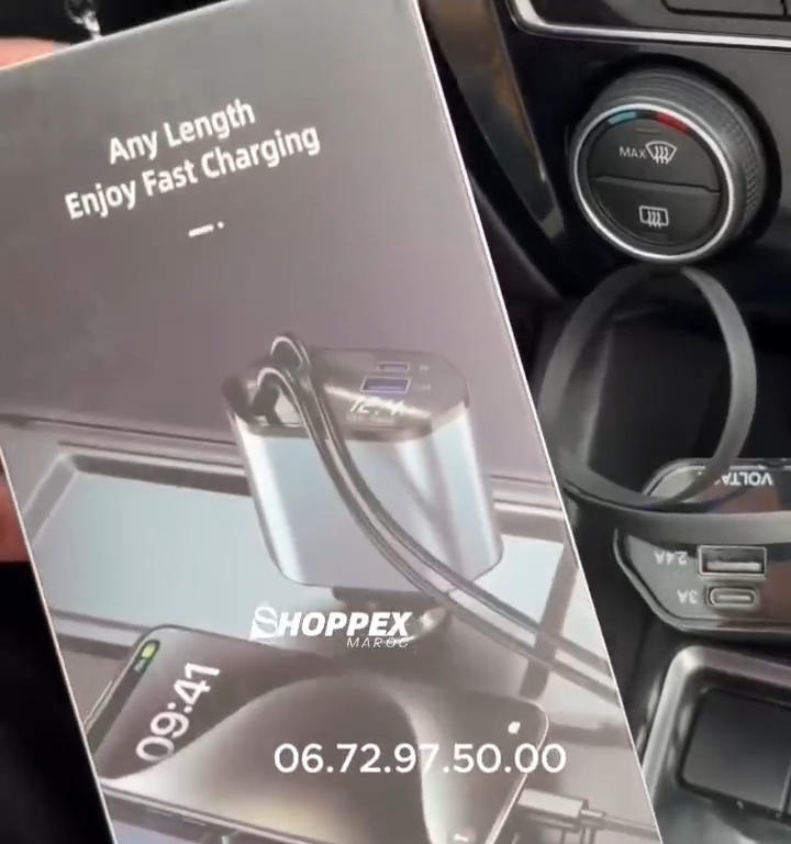 Chargeur téléphone rapide pour voiture 4-en-1 avec Câble Télescopique