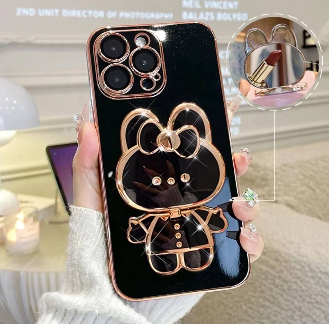 Coque de téléphone avec support caché غطاء مرآة ثلاثي الأبعاد ناعم مقاوم للصدمات
